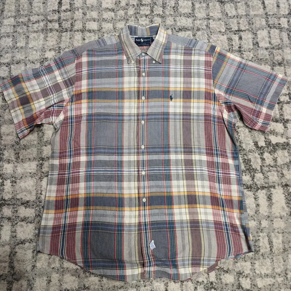 Vintage Ralph Lauren Mens XL Madras Plaid Shirt Short Sleeve Hand Woven Blue